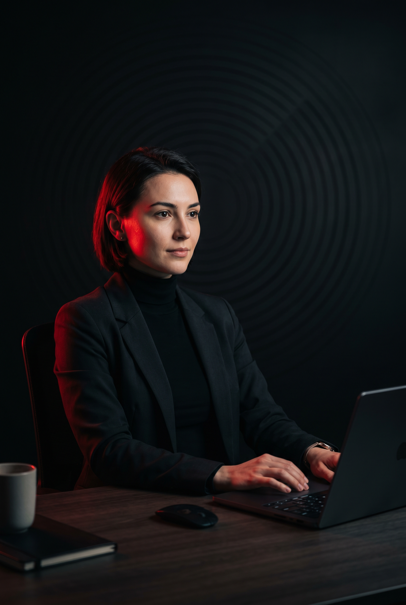 Digital architect working in cinematic red lighting